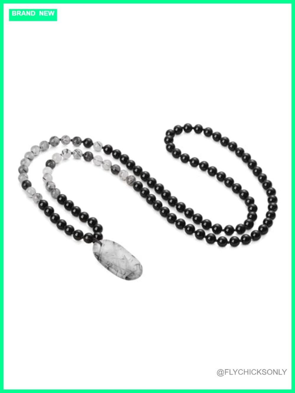Hand-Knotted 108 Mala Beaded Necklace Onyx Black Quartz Rutilated Pendant